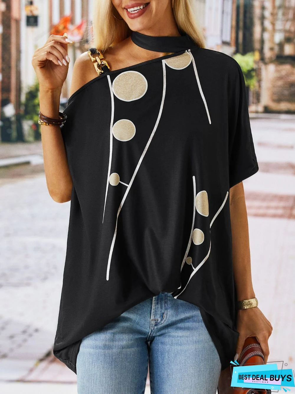 Polka Dots Short Sleeve Button Halter Casual Top