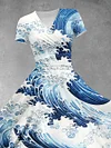 Women's Ocean Waves Art Print Design Maxi Dress