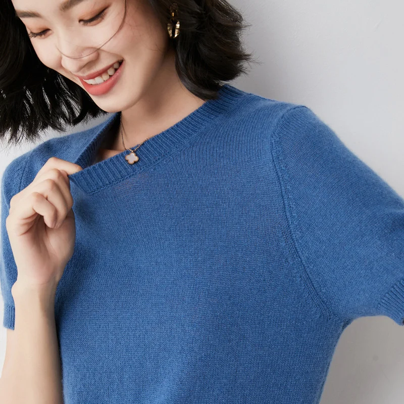 Churchf Churchf Female Round Collar Loose T-Shirt Inside Build Sweater Spring Autumn Base Outside Wear Short Sleeve Hair