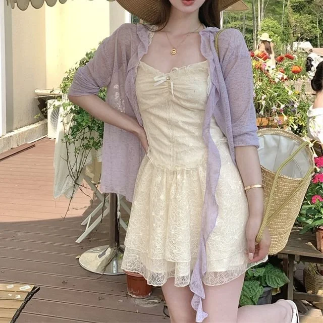 Bow Mini Strap Trim Cardigan Dress / Lace Ruffle Ruched Melange Spaghetti Panel A-Line