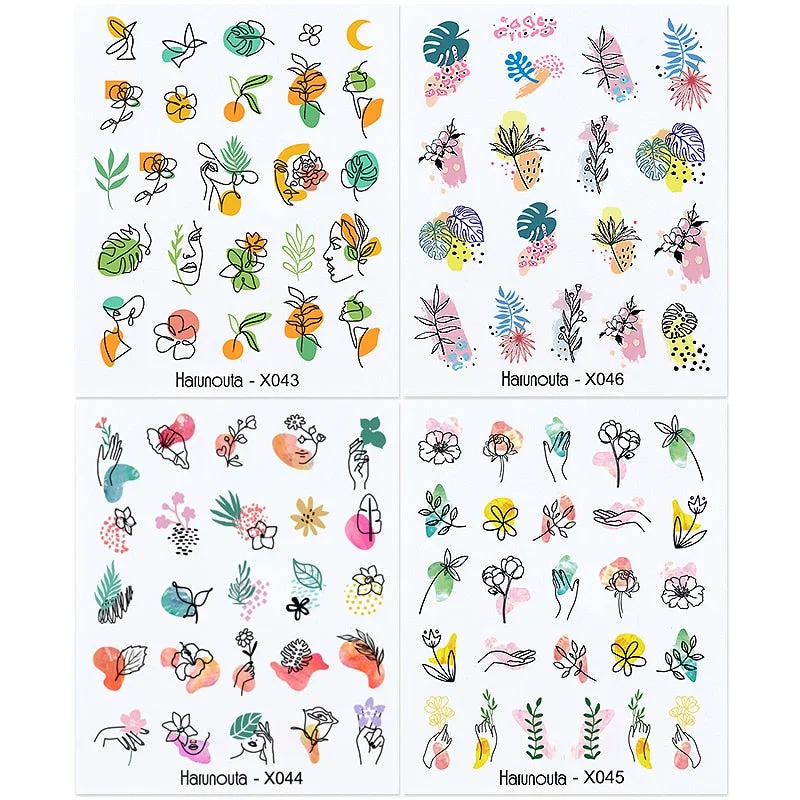 Harunouta 4pcs Geometry Color Wave Line Water Decals Stickers Flower Leaves Slider For Nails Spring Summer Nail Art Decorations-Nail Inspo