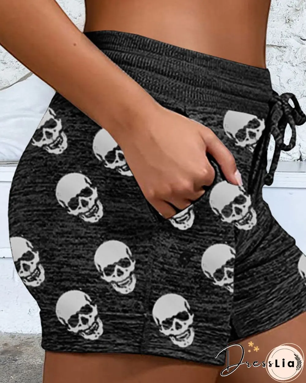 Skeleton Print Skinny Drawstring Shorts