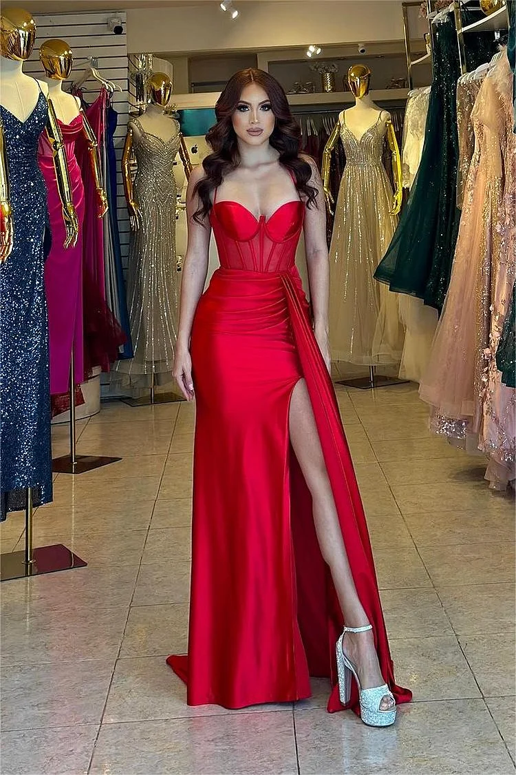 Hellodresses Stunning Red Spaghetti Strap Sleeveless Pleated Long Prom Dress With Split