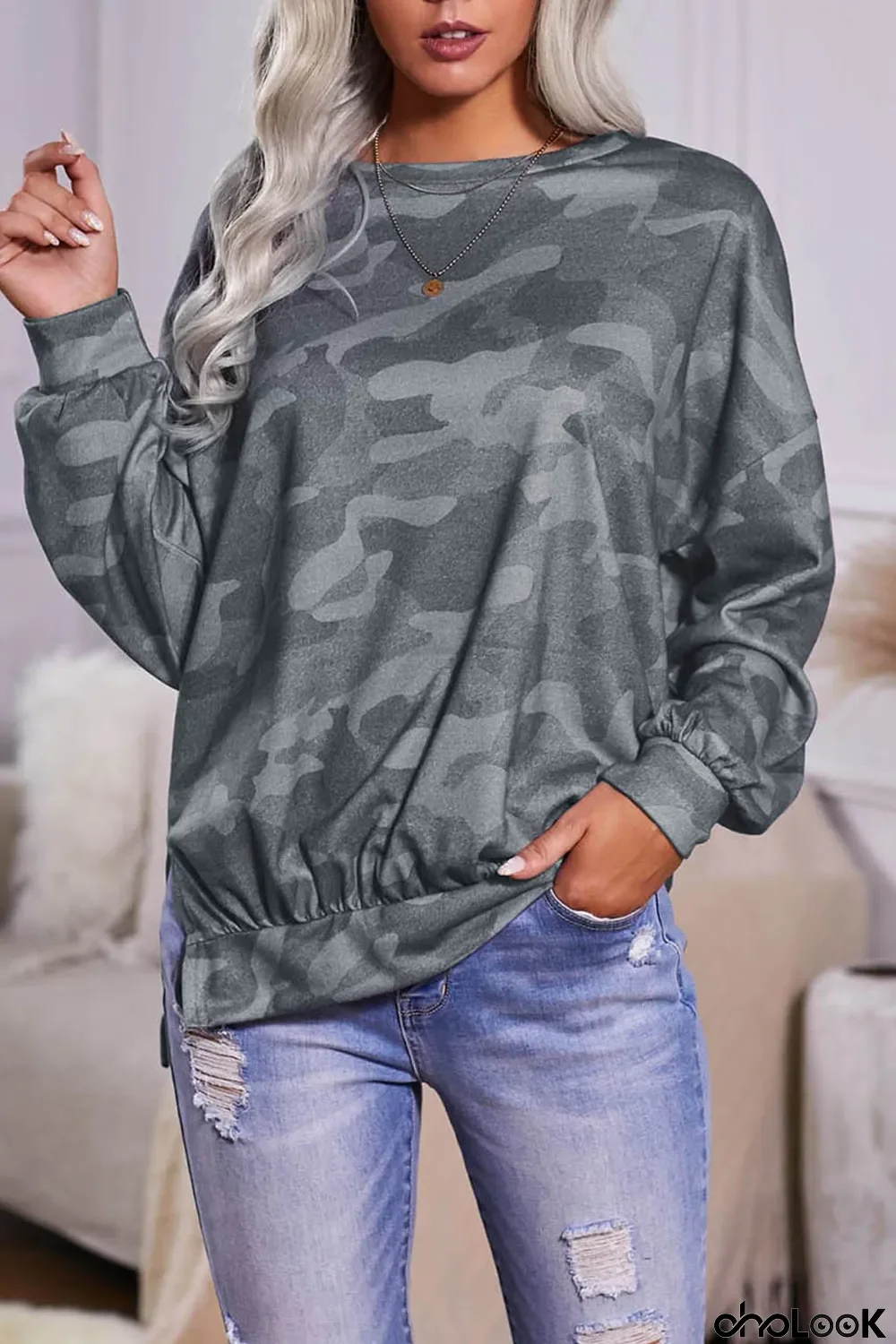 Gray High-low Edge Camo Print Sweatshirt