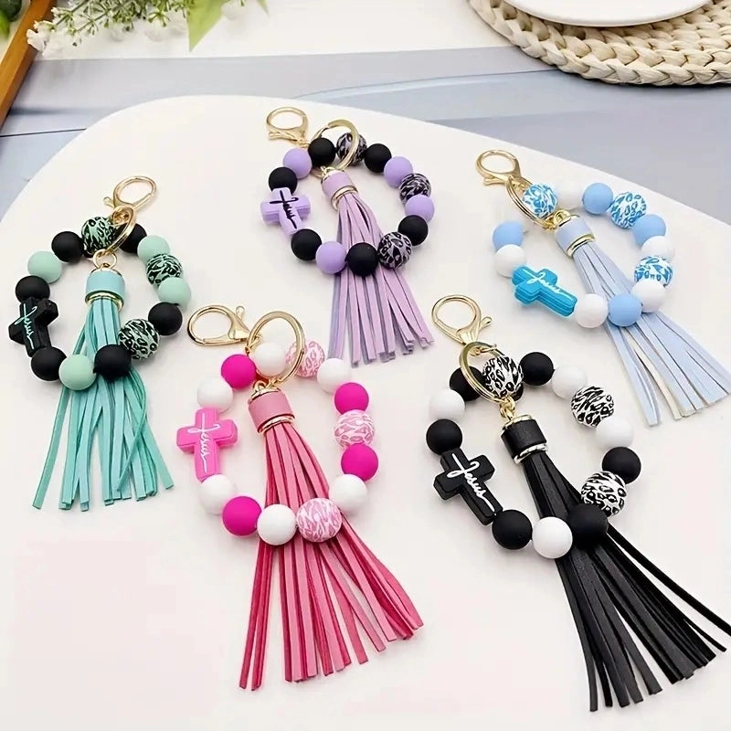 Casual Classic Style Cross Tassel Alloy Wooden Beads Silica Gel Beaded Keychain