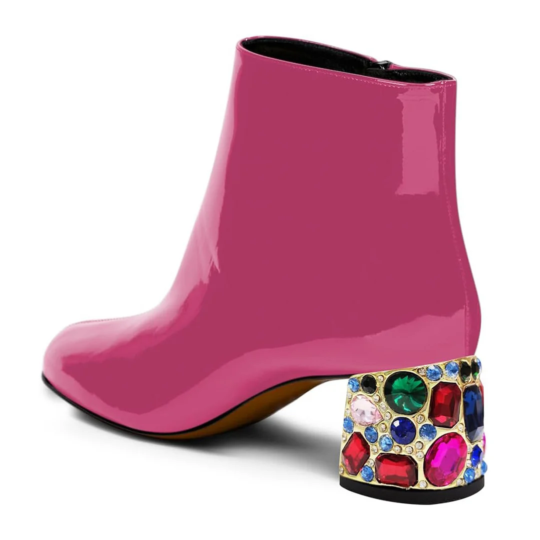 Fuchsia Patent Round Toe Zipper Rhinestone Block Heeled Ankle Boots