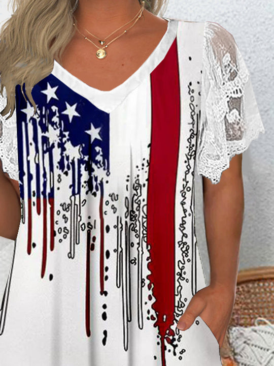 Women's Short Sleeve V-neck Graphic Lace Pockets Tops