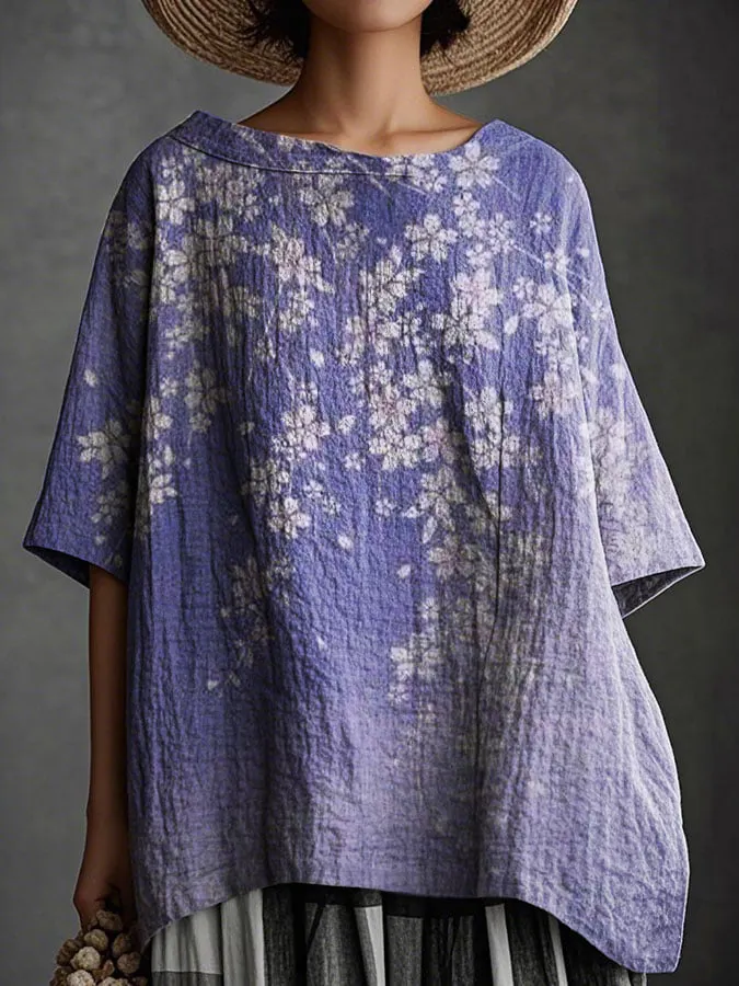 Women's Vintage Floral Art Print Casual Cotton And Linen 3/4 Sleeve Shirt