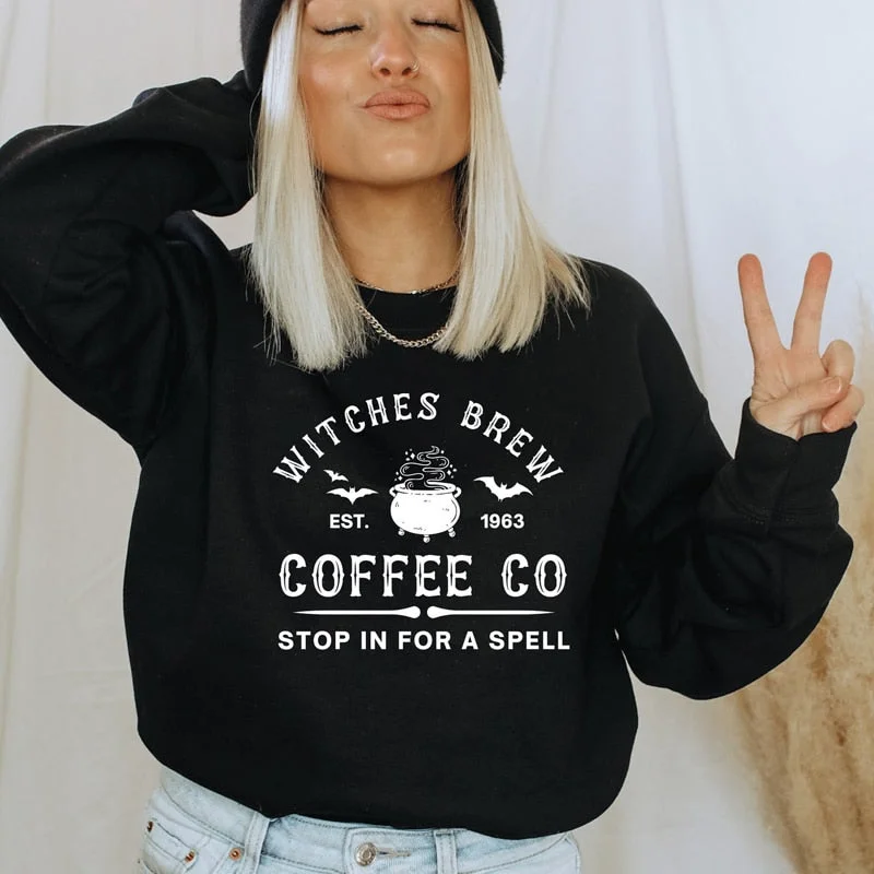 Peneran Halloween Costume Witches Brew Coffee Co Sweatshirt Aesthetic Witchy Woman Halloween Drinking Pullovers Streetwear