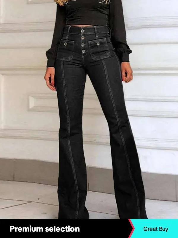Women's Plain Button Pocket Flare Leg Vintage Jeans