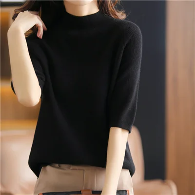 Woherb Women's Cashmere Half-high Collar Five-point Sleeve Knitted T-shirt Spring Autumn New 100% Pure Wool Half-sleeved Sweater Female