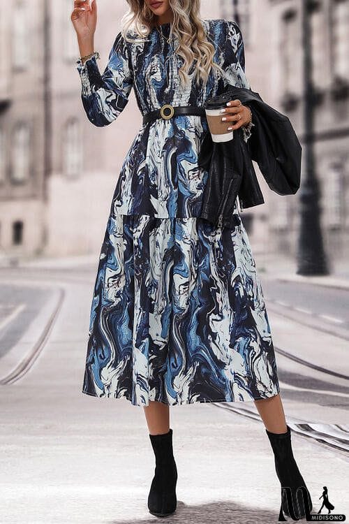 MidiSono - Printed Smocked Ruffle Hem Dress
