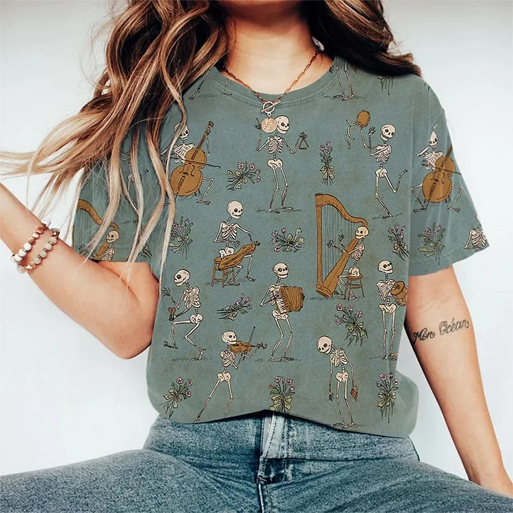 Dashingsoul Women's Artistic Fun Romantic Performance Skull Print Short Sleeve Crew Neck T-shirt