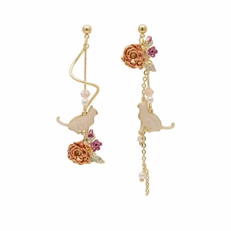 Asymmetrical Cat Blossom 925 Sterling Silver Stud Earrings Ear Clip