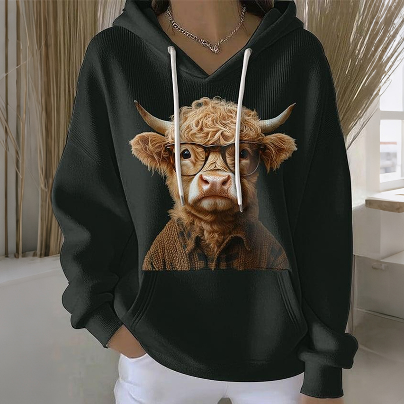 Women's Highland Cow Print Long Sleeve Hoodie elevenforest
