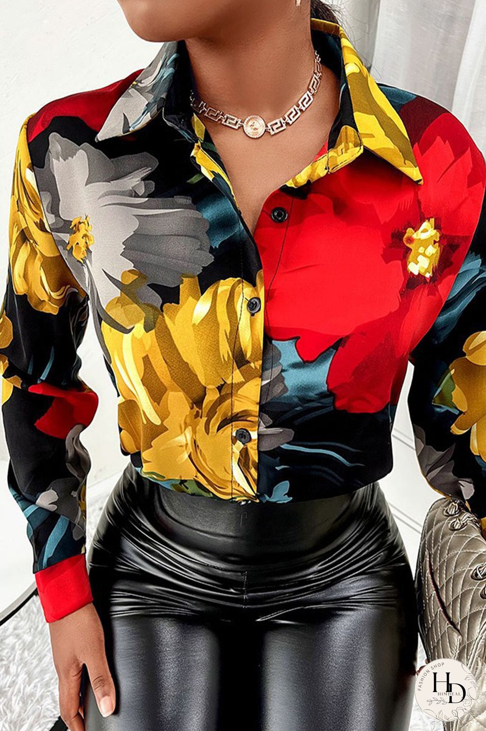 White Casual Print Patchwork Buckle Turndown Collar Tops