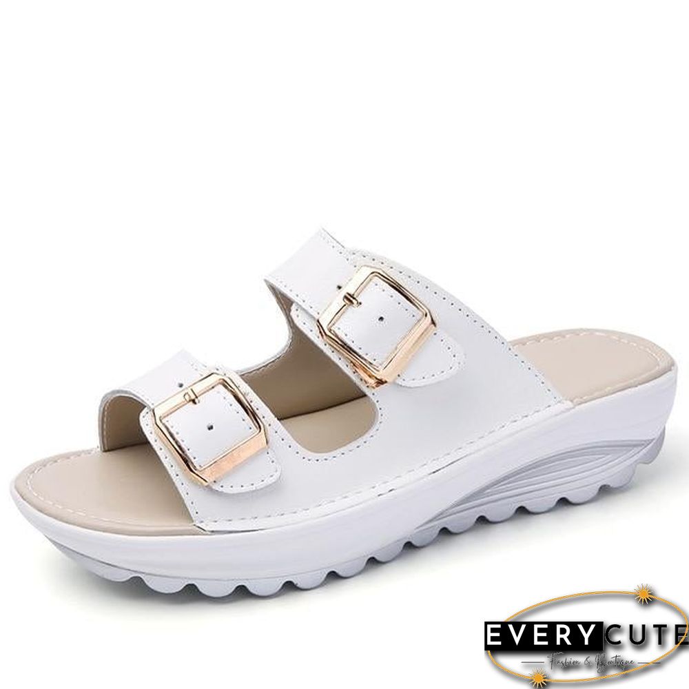 Women Platform Leather Buckle Flats Light Soft Comfortable Slides Sandals