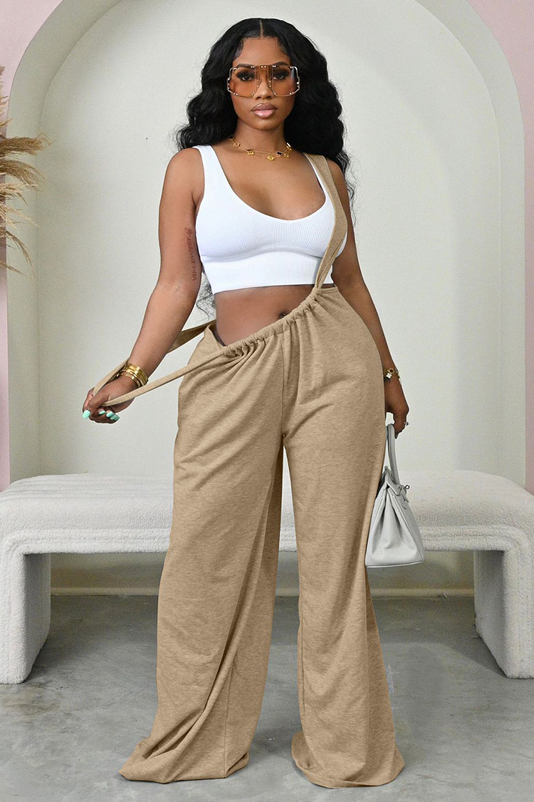 Solid Color Wide Leg Wide Strap Casual Pants-Pink