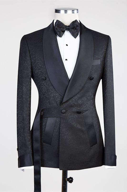 Modern Black Double Breasted Shawl Lapel Jacuqard Wedding Suit - lulusllly