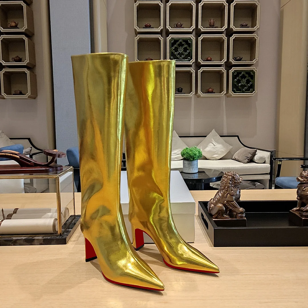 85mm Women's Pointed Toe Thick Heel Boots Knee High Red Bottom Boots-MERUMOTE