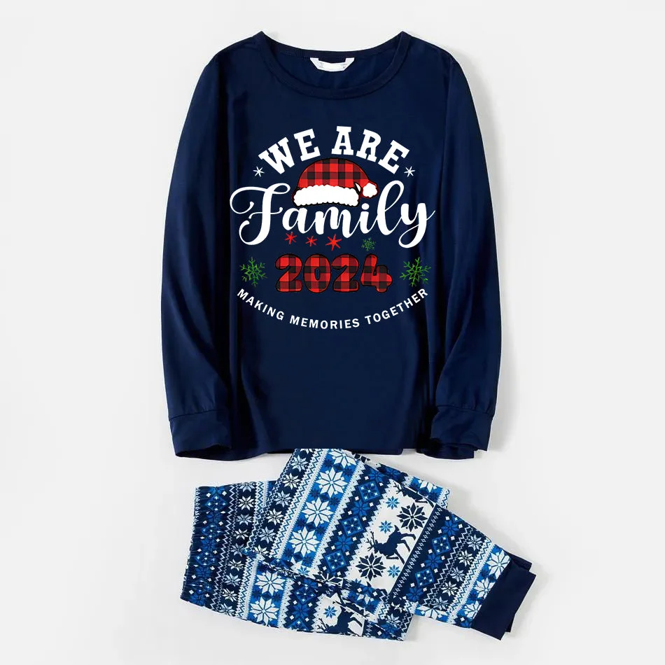 "We are Family" Santa Hat Monogram Print Letter Blue Long Sleeve Family Matching Pajamas With Dog bandana