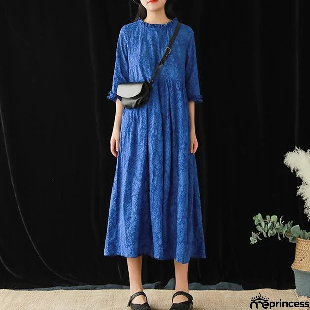 Style o neck jacquard cotton quilting clothes Catwalk blue long Dresses summer