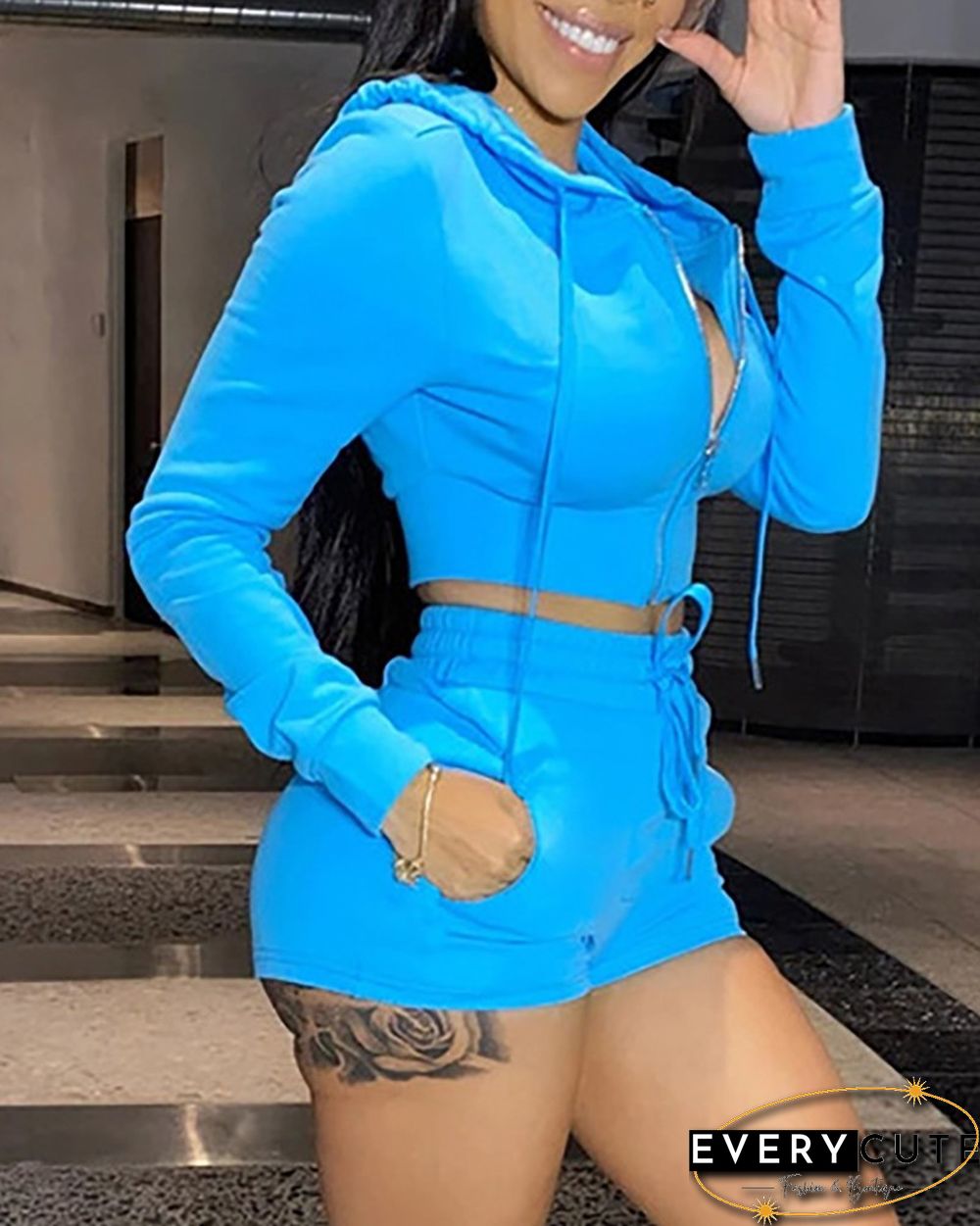 Zip Hooded Crop Top & Drawstring Shorts Set