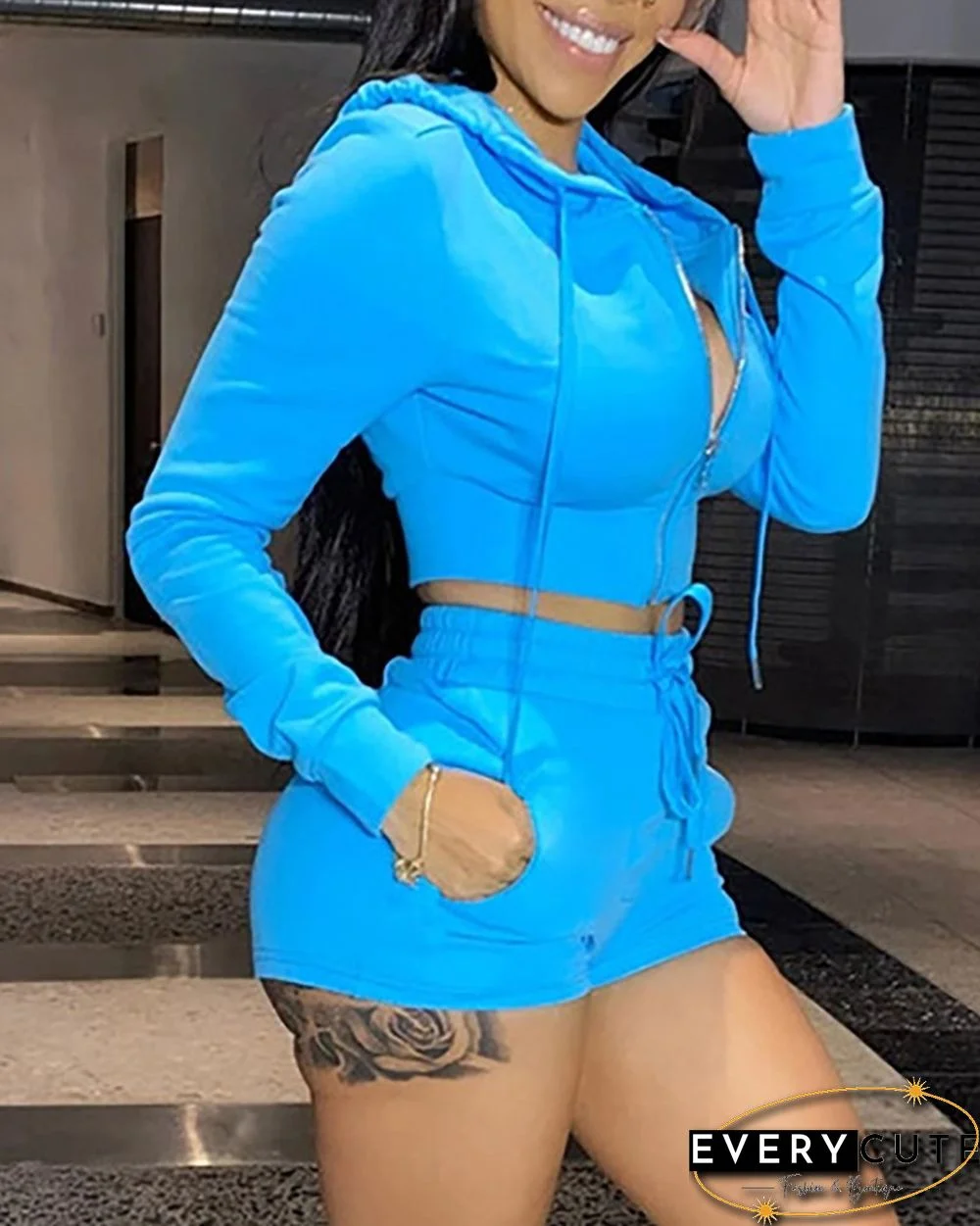 Zip Hooded Crop Top & Drawstring Shorts Set