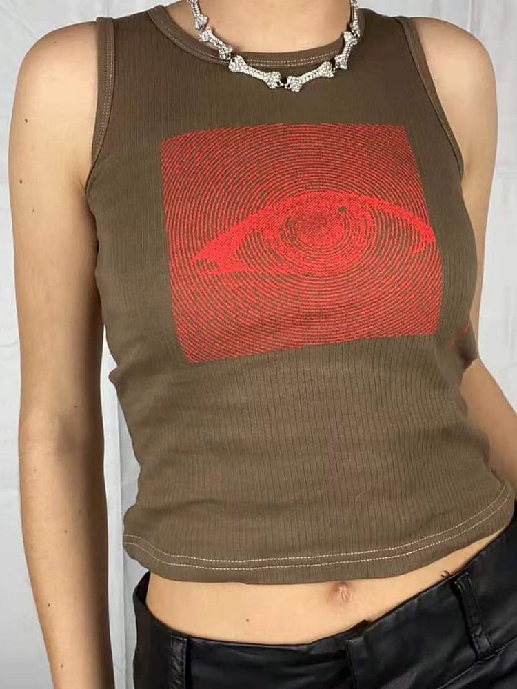 Y2K Abstract Eyes Print Crop Tank Top-luchamp:luchamp