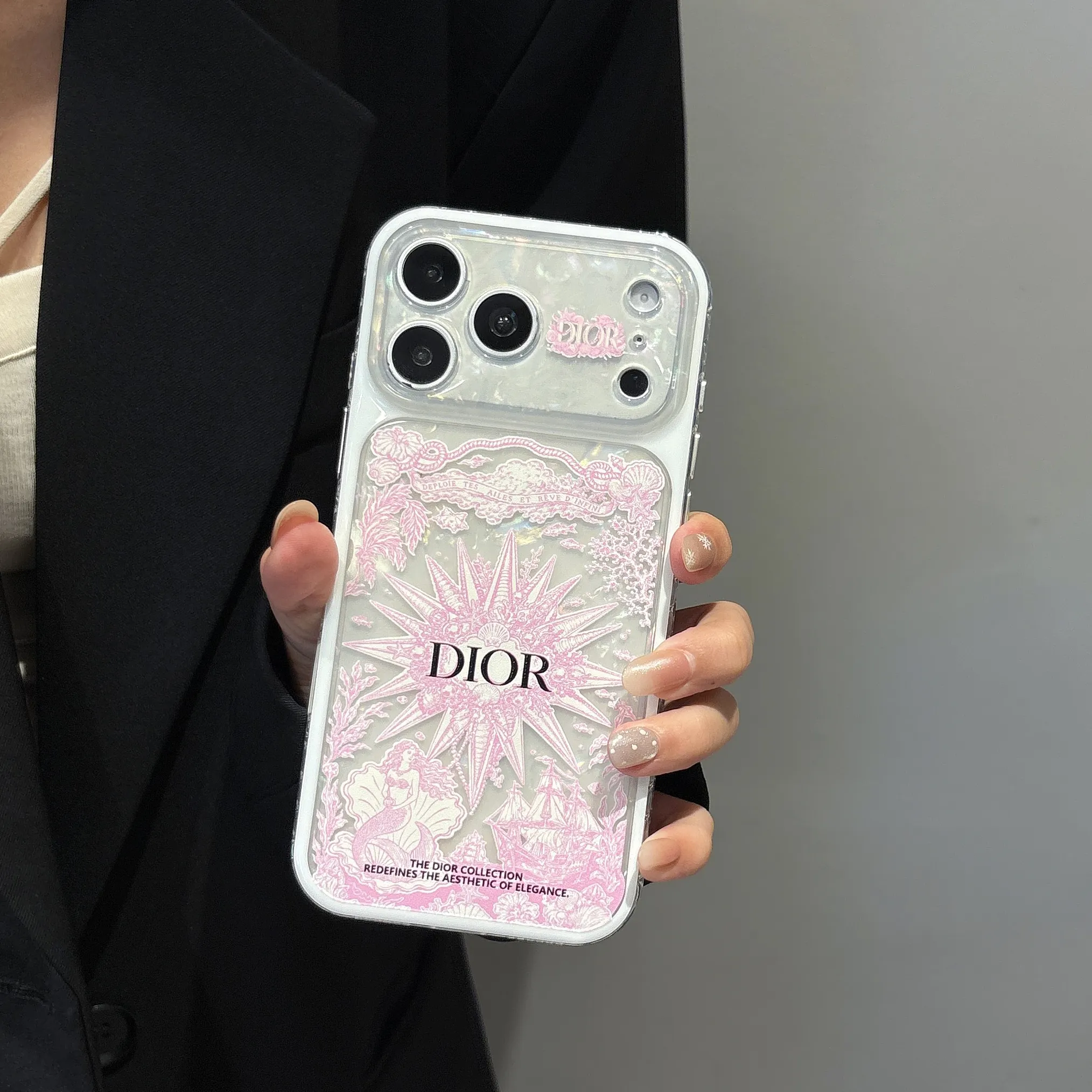 Ethereal Dior Pink Mermaid & Ocean Motif Iridescent Clear Case for iPhone 17/16/15 Series
