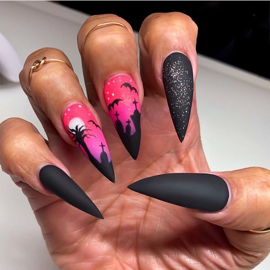 Agreedl Pink Black Punk Babes Fake Nails With Glue Skull Flame Design Detachable Press On Nails Acrylic Full Cover Manicure Tips
