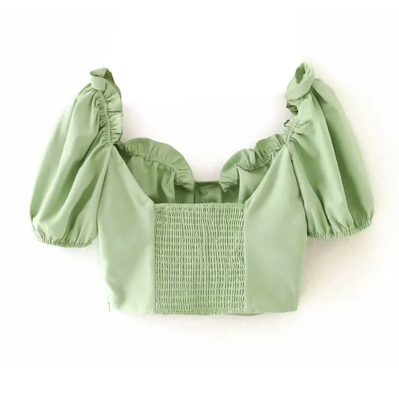 2020 summer new slim vintage chic green square collar ruffle short puff short sleeve casual cropped tops blouses woman