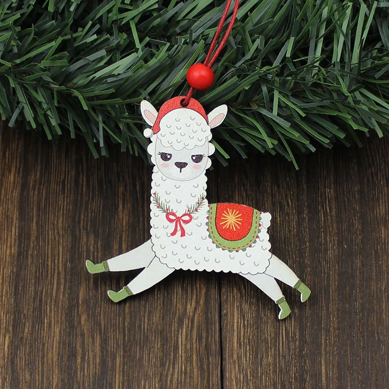 HUADODO 3Pcs Wooden Alpaca Christmas Pendants Ornaments Xmas Tree Hanging Decoration for home New year Decor kids toys