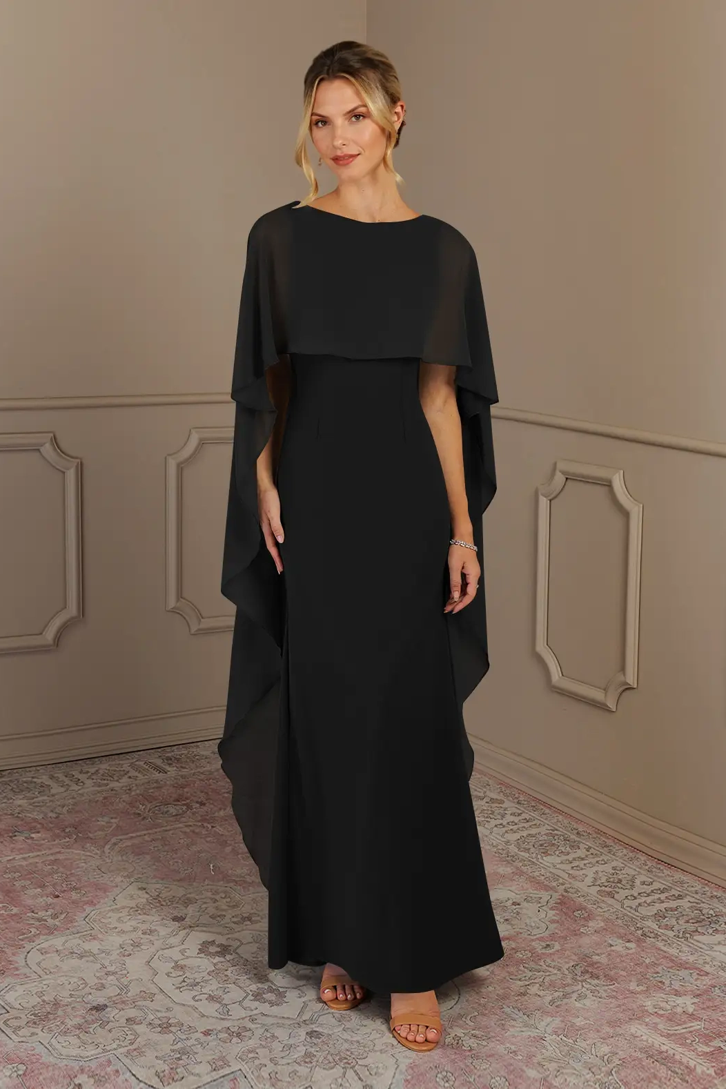 Daisda Black Chiffon Bateau Neck Cape Sleeves Long Mermaid Mother Of The Bride Dress