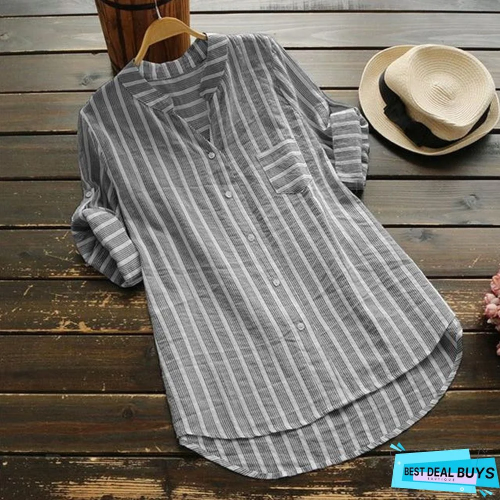 Plus Size Women Striped Blouse Tops Casual Work Shirts Elegant V Neck Blouse