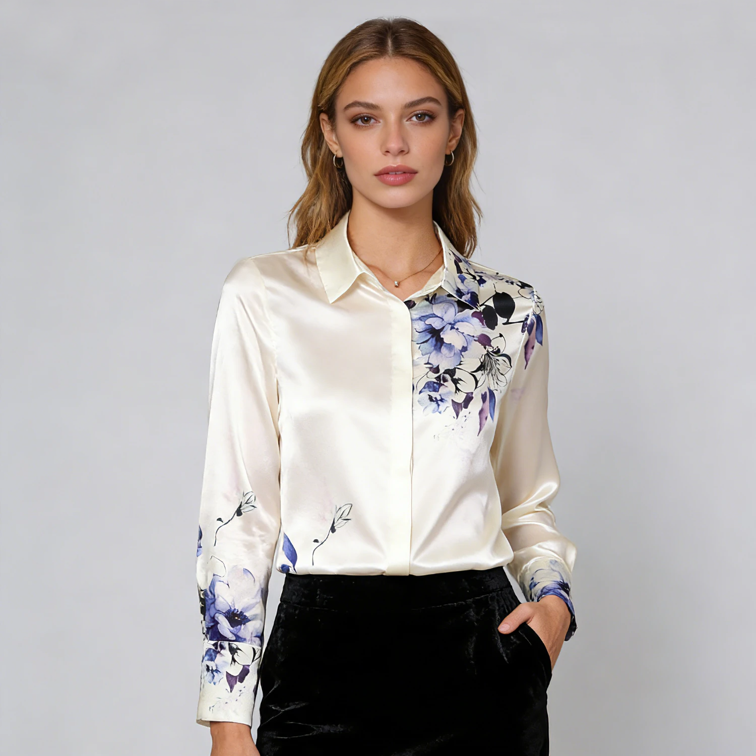 White Floral Silk Blouse For Women Simple REAL SILK LIFE