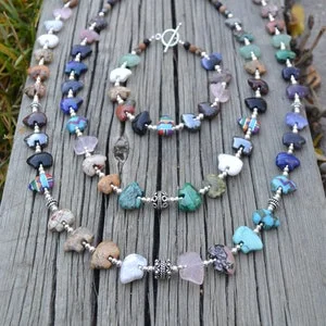 Pornhint Zuni Fetish style Semi Precious Gemstone Spirit Bear Necklaces (16" or 22"), beaded w/mini bears & Sterling silver (Earrings come with sets)