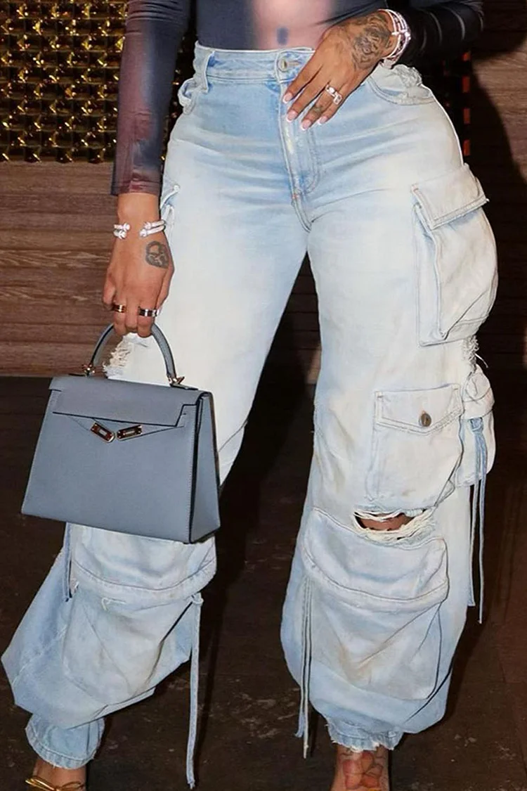 Denim Ripped Cut Out Pocket Wide Leg Cargo Jeans