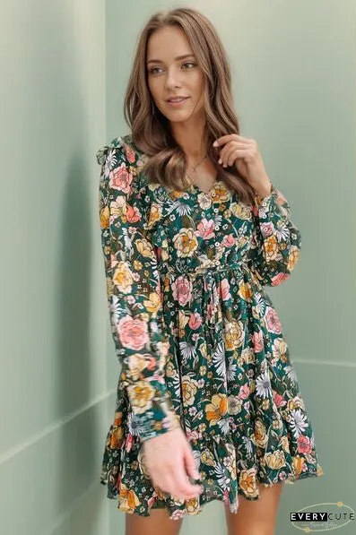 Printed Ruffled V-Neck Mini Dress