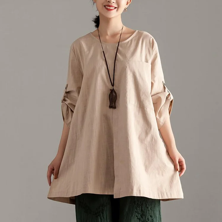 Elegant pure cotton tops oversize  Casual Short Sleeve Khaki Pocket Long Tops