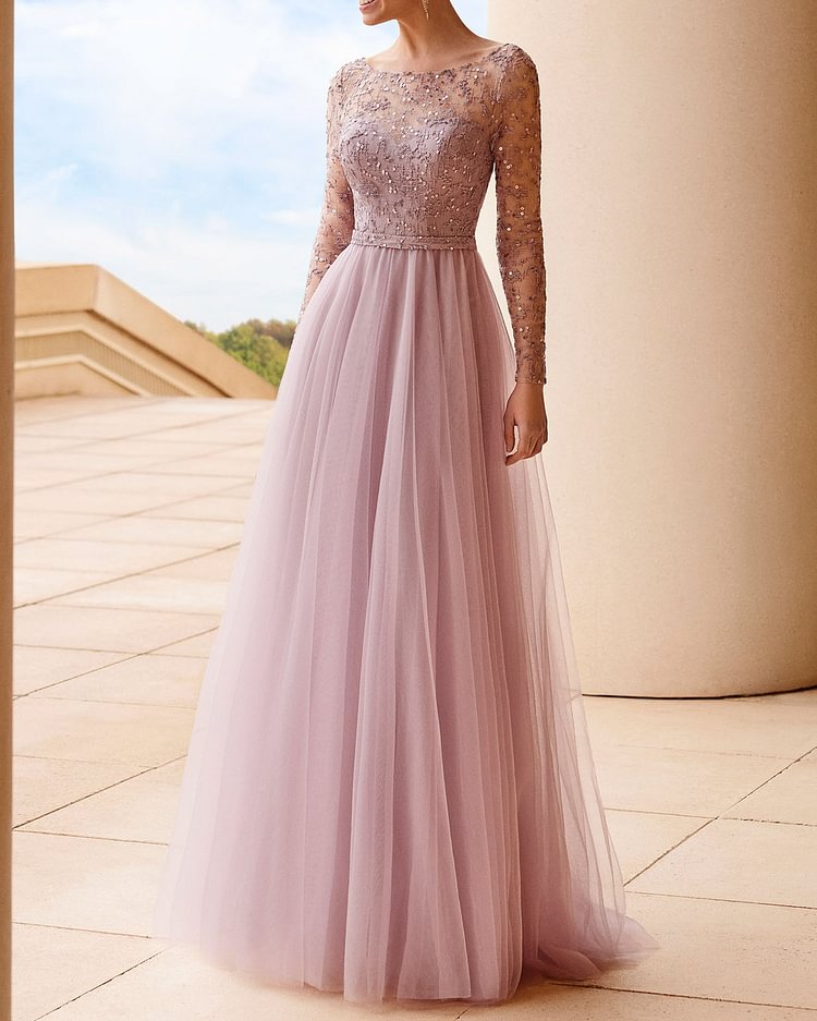 sequined long-sleeved tulle maxi dress