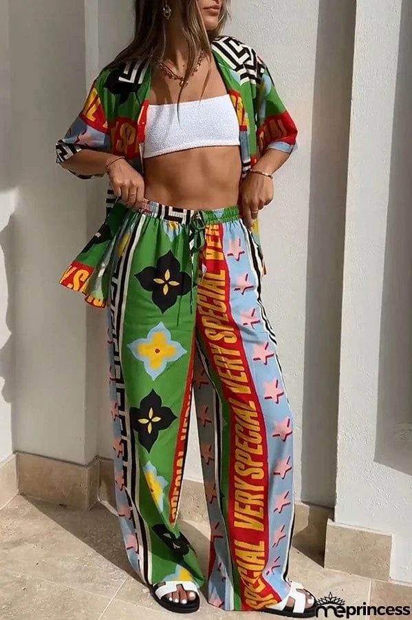 Very Geo Printed Button Down Top and Elasticated Waist Pocket Wide Leg Pants Set