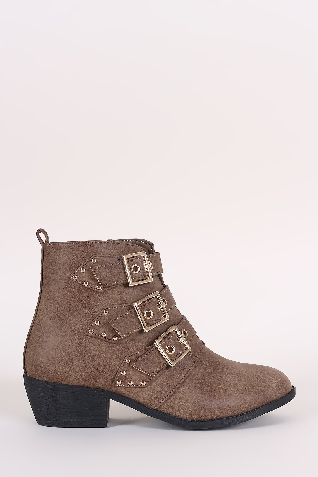 Almond Toe Stud Buckled Moto Ankle Booties