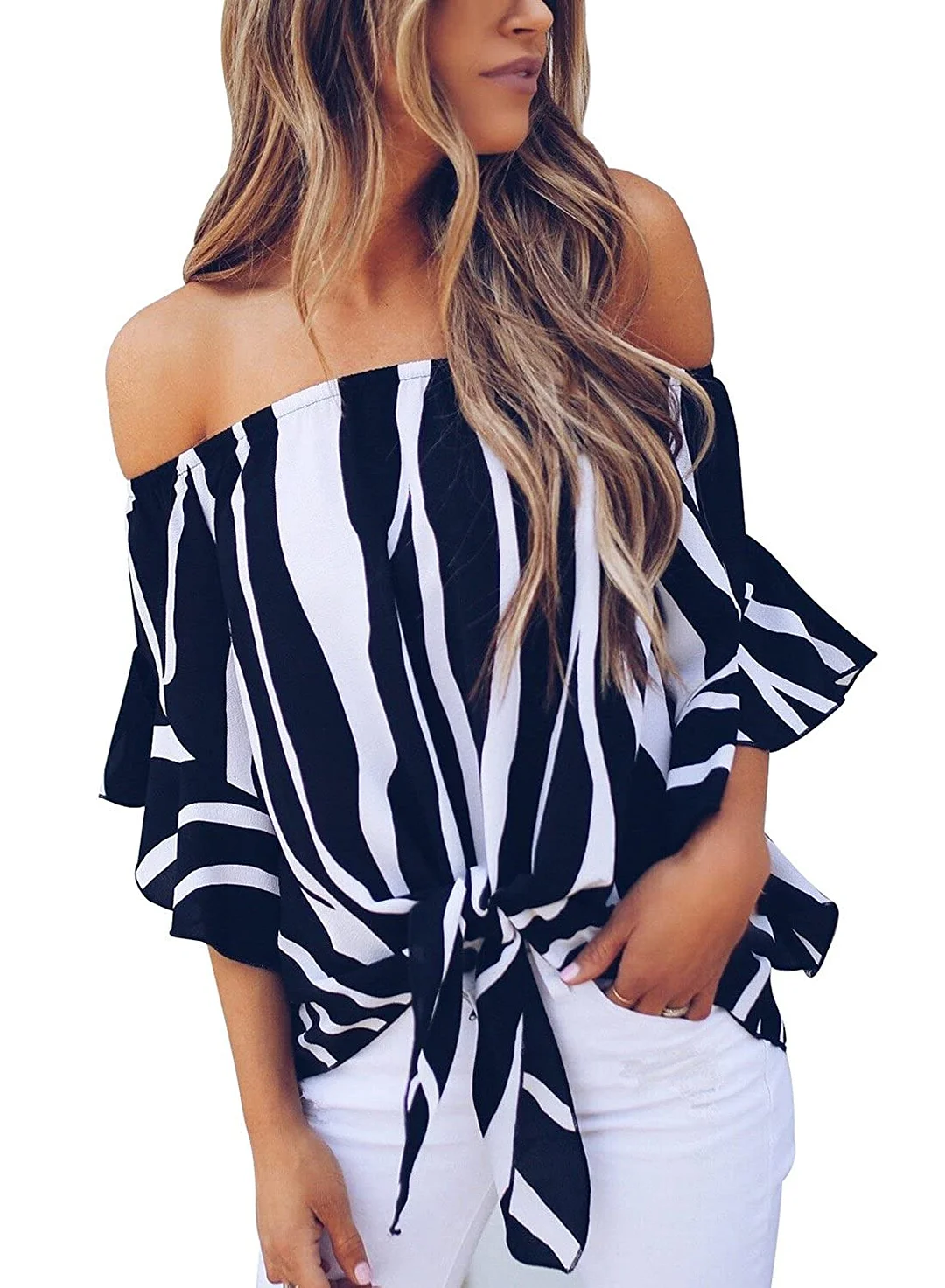 Women's Tops Blouse Striped 3/4 Bell Sleeve Off The Shoulder Front Tie Knot T Shirt