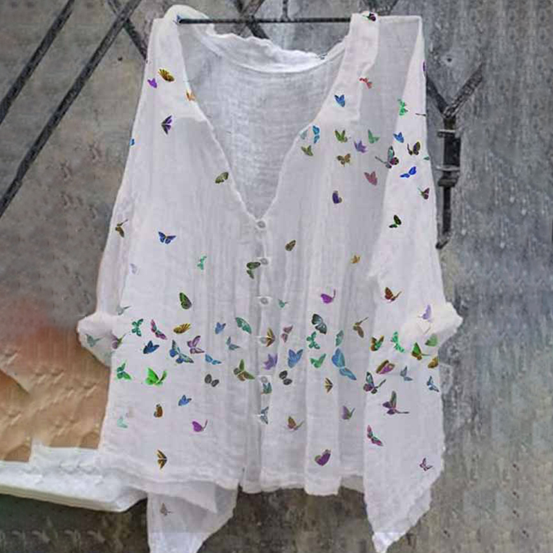 Comstylish Retro Butterfly Print Casual Cotton Linen Shirt