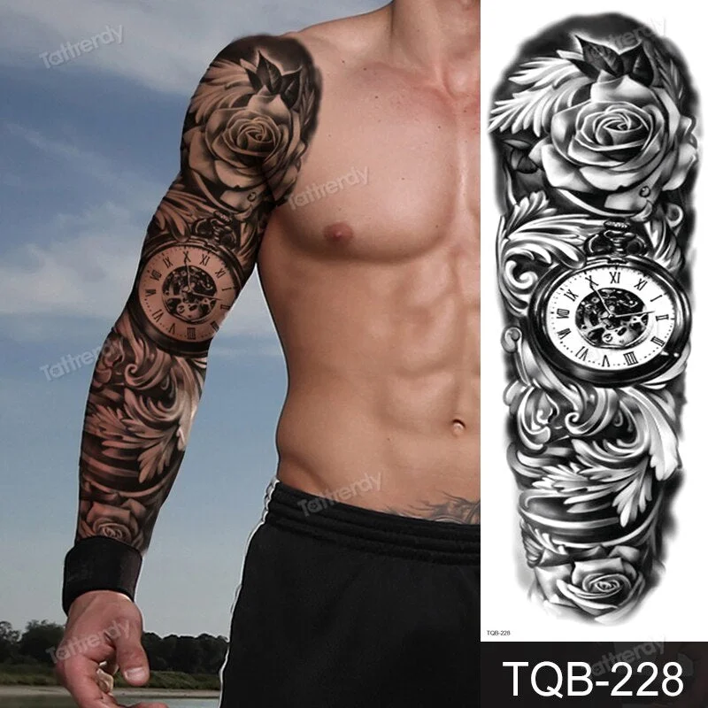 full arm temporary tattoos large black totem trial boys tatoo fake waterproof skull lion sleeve tattoo stickers body art makeup