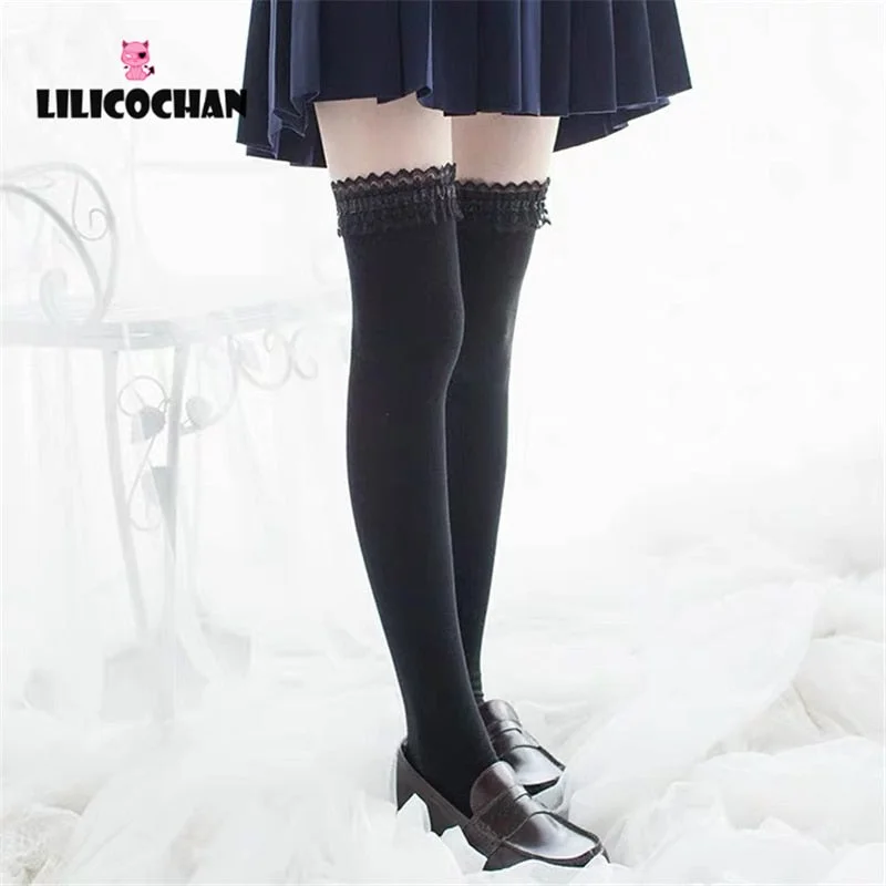 Lolita Stocking Womens Anime Cosplay Maid Girls Lace Top Thigh High Over Knee Leg Warmer Leggings Sexy Cotton Socks Kawaii Style