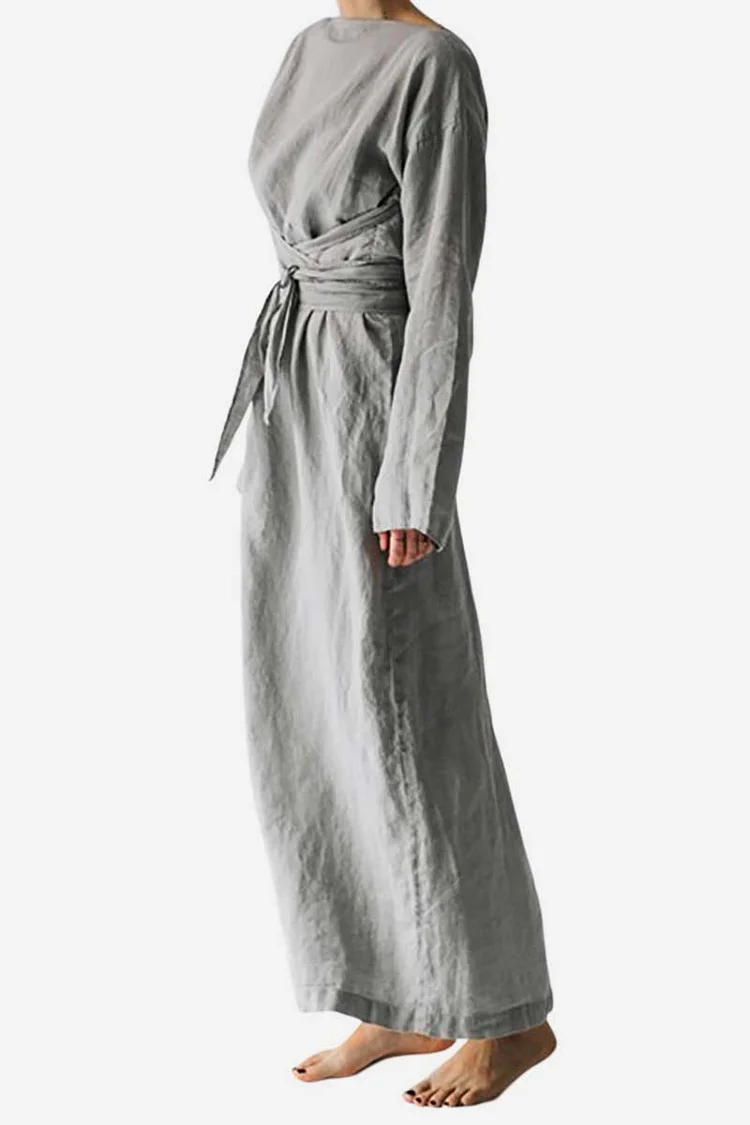 Linen Boat Neck Long Sleeve Tie Up Loose Fit Casual Maxi Dress