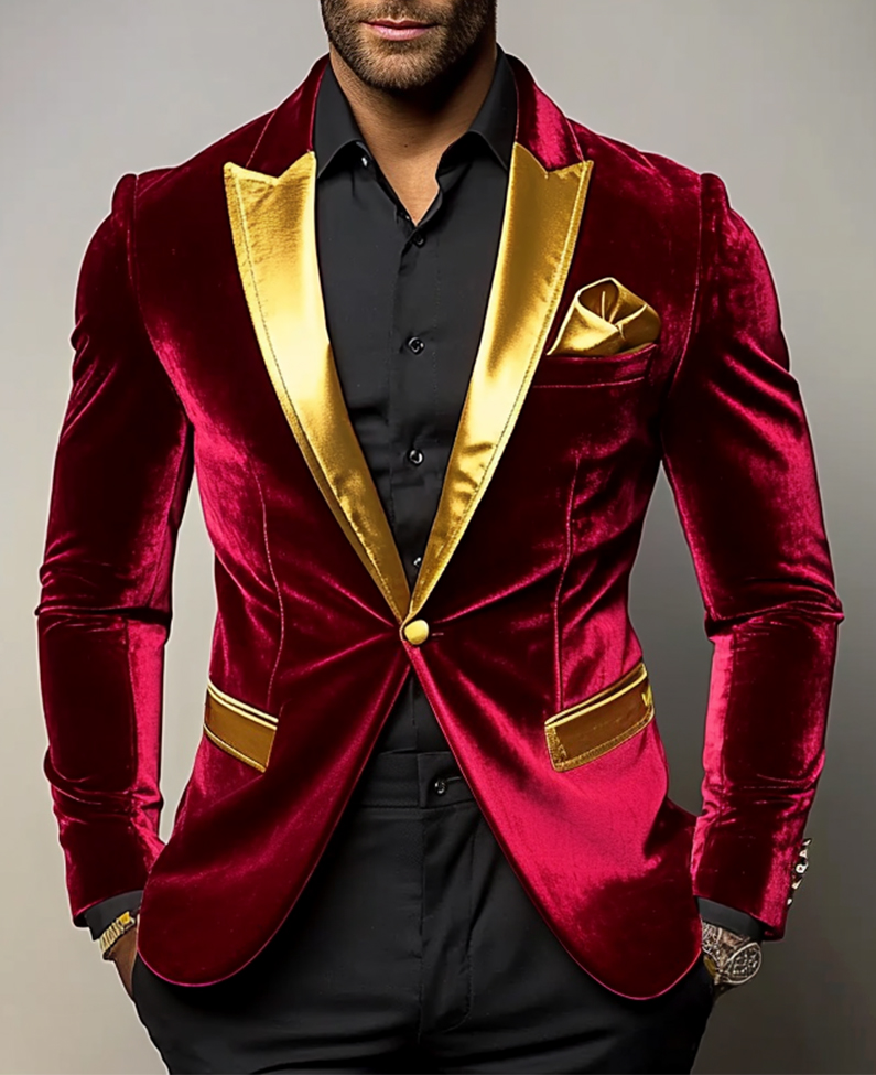 Okaywear Contrast Color Peak Lapel One Button Velvet Blazer