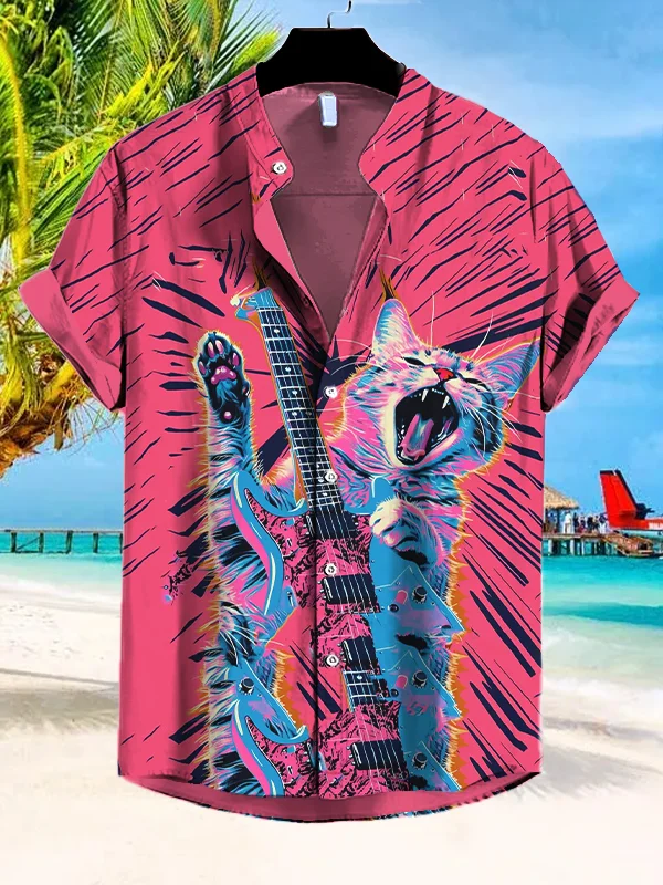 Men's Rock Cat Plays Guitar Print Short Sleeve Shirt